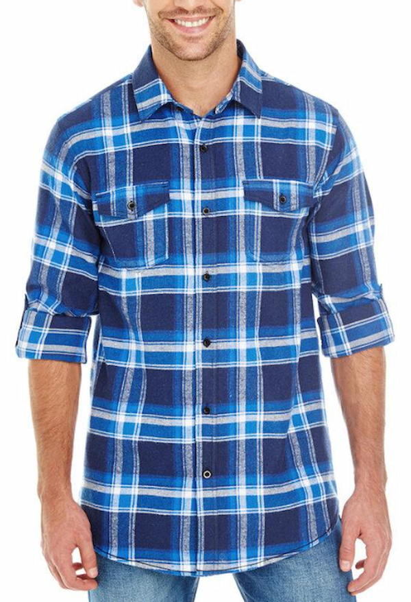 A man models a blue checked shirt