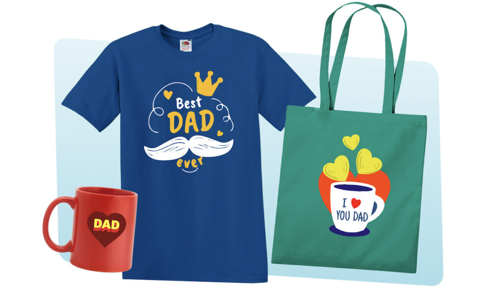 A mug, t-shirt, and bag, customized with different designs for Fathers Day