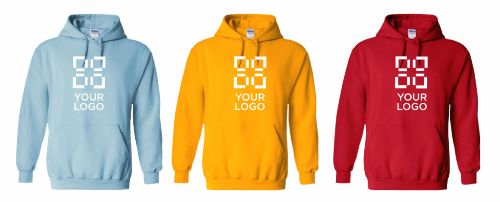 3 different colored hoodies with example logos on