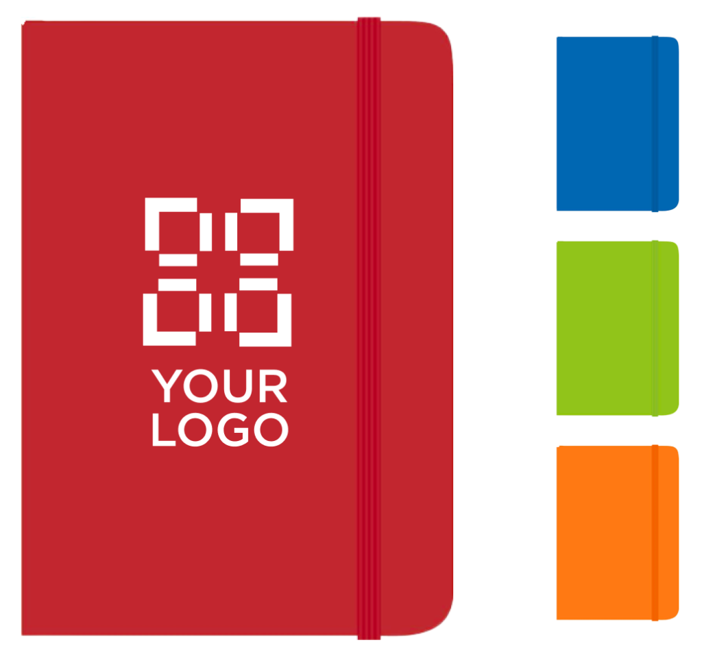 4 different colored notebooks, one with an example logo on