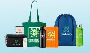 An array of different low-cost promo products, including a tote bag and a water bottle