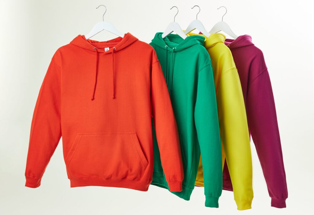 Four different colored hoodies