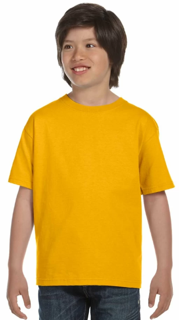 A boy models a yellow t-shirt from Gildan