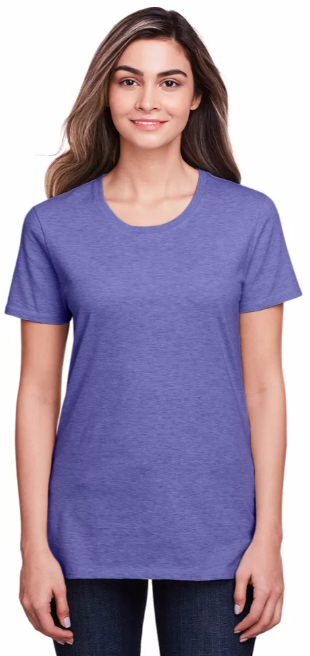 A woman models a purple t-shirt from Fruit of the Loom