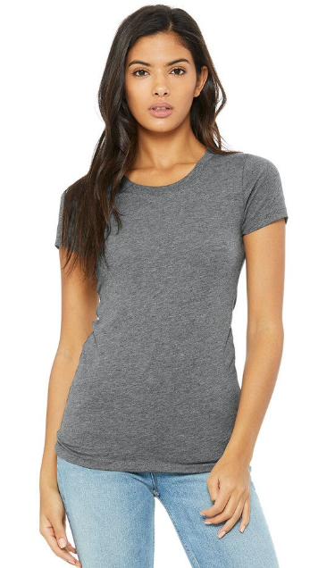 A woman models a grey t-shirt from Bella and Canvas