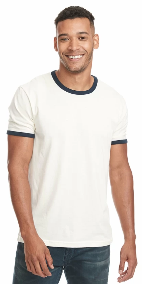 A man models a white ringer 3604 t-shirt from Next Level