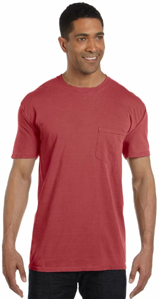 A man models a red 6030 t-shirt from Comfort Colors