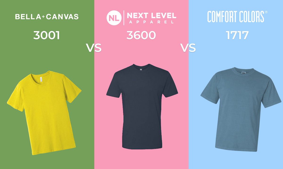 Images of the Bella+Canvas 3001, the Next Level 3600, and the Comfort Colors 1717 t-shirts