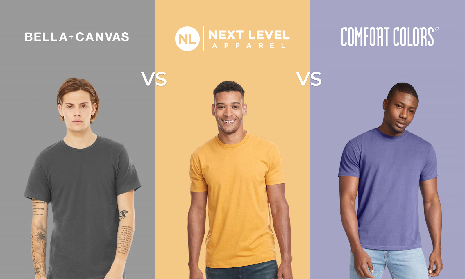3 men model a t-shirt from Bella+Canvas, Next Level, and Comfort Colors
