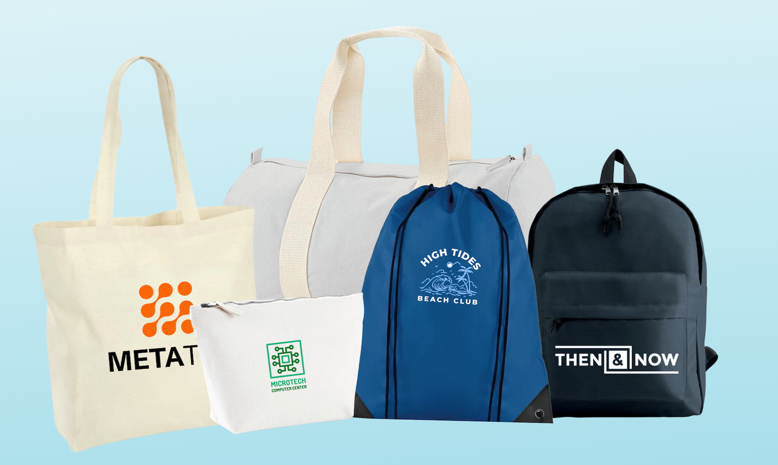 An array of different types of bags, all with logos printed on