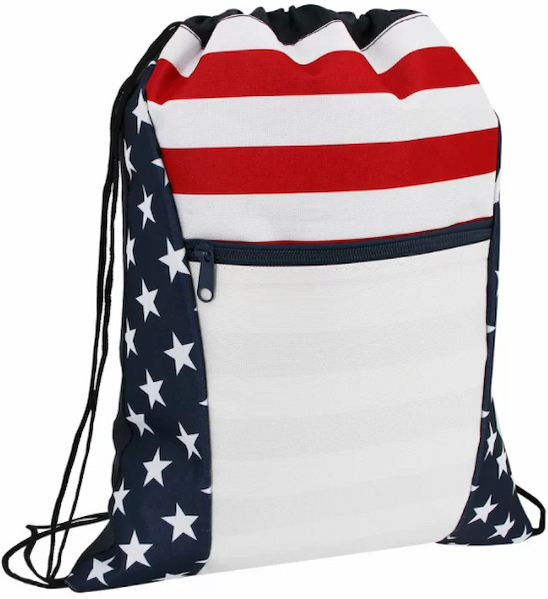 A drawstring bag in the colors of the US flag