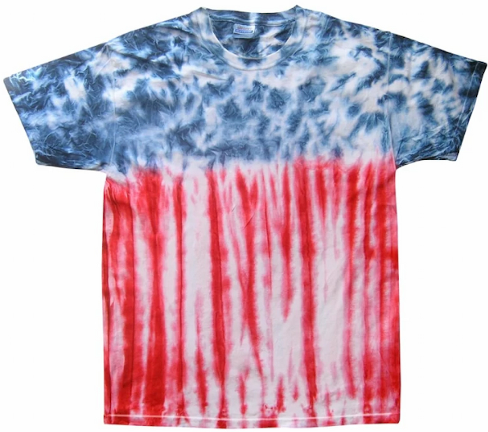 A tie-dye t-shirt with a design of the us flag