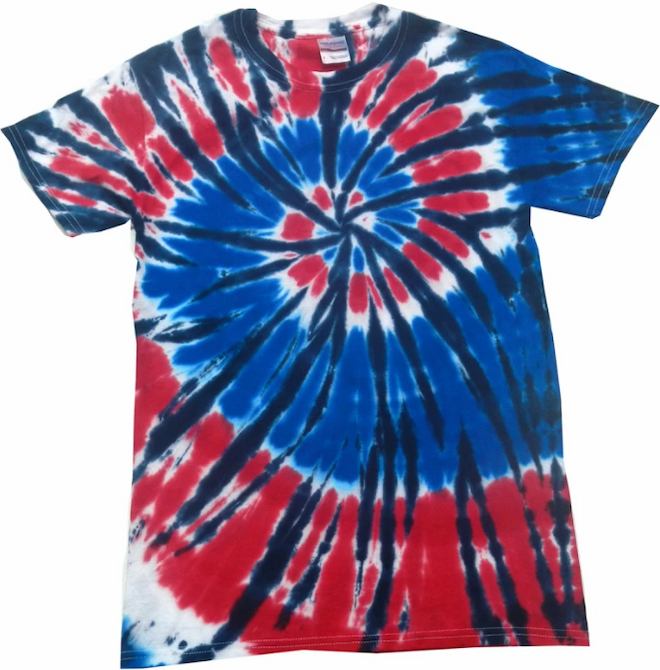 A tie-dye t-shirt in the colors of the US flag