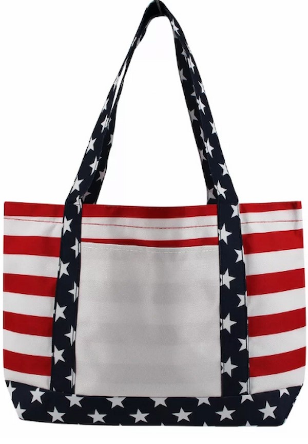 A tote bag in the colors of the US flag