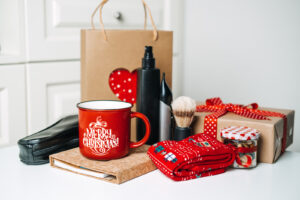 A selection of Christmas gifts on a table