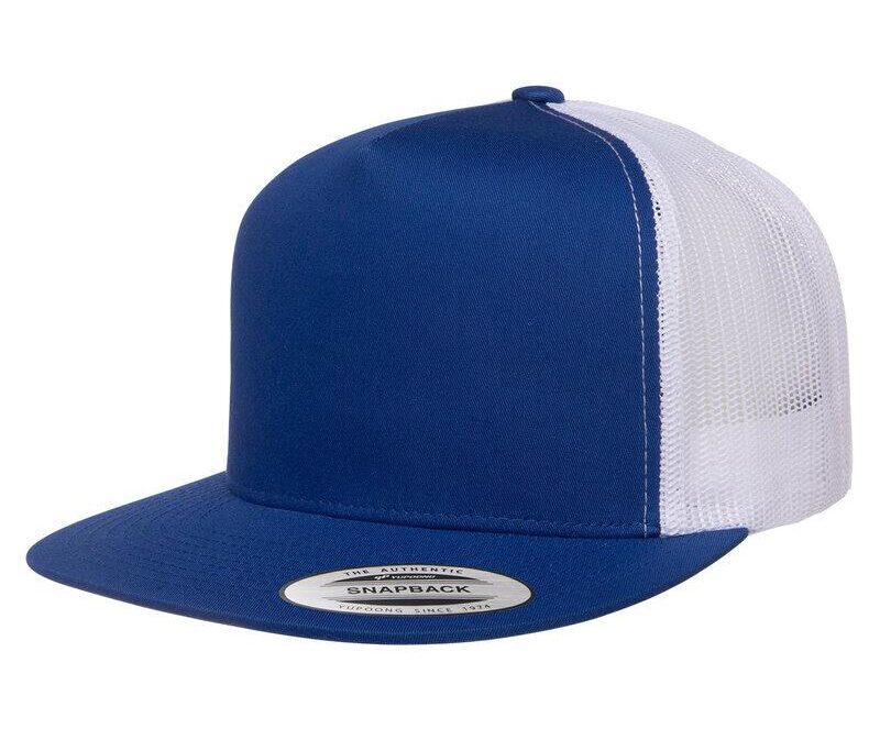 A Yupoong 6006 snapback cap in blue and white