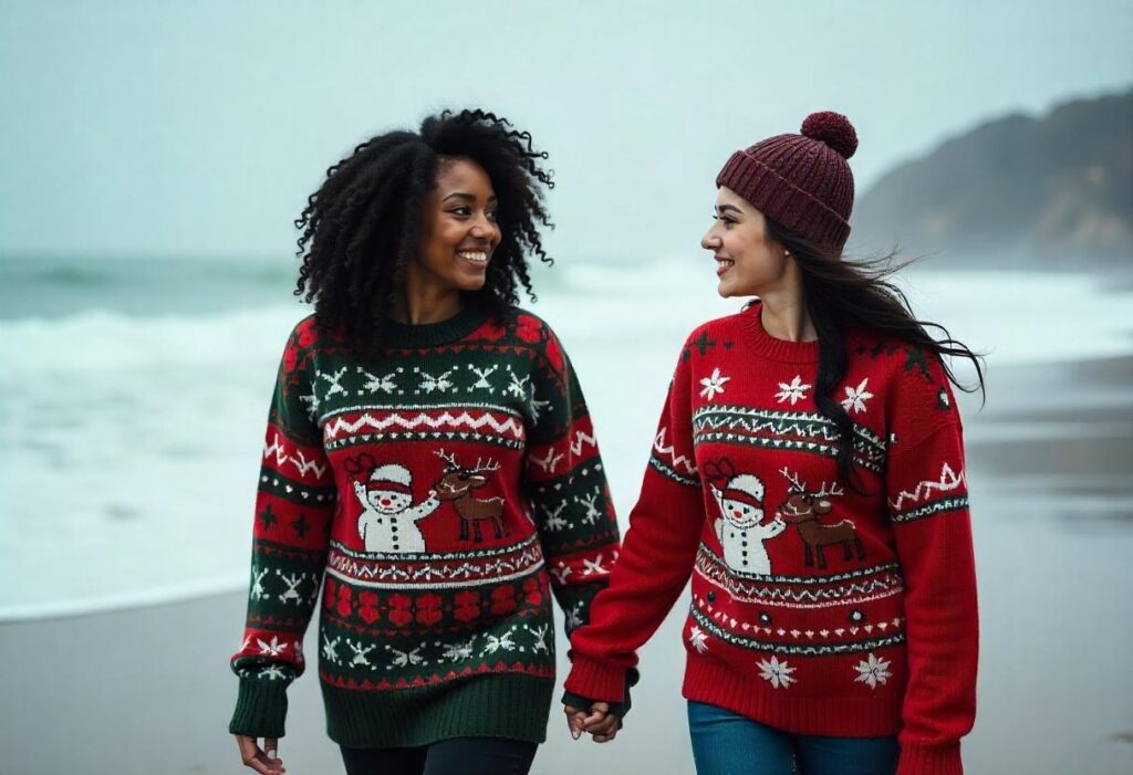 Two women go for a walk by the beach, both wearing Christmas sweaters