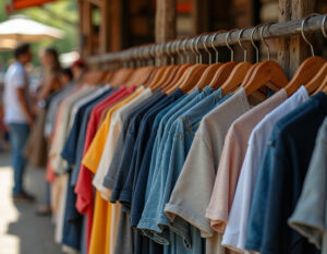 An array of different t-shirts on a clothes rail at a market