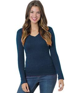 Bayside BA3415 - Junior's 4.2 oz.,  Fine Jersey Long-Sleeve V-Neck T-Shirt Heather Navy